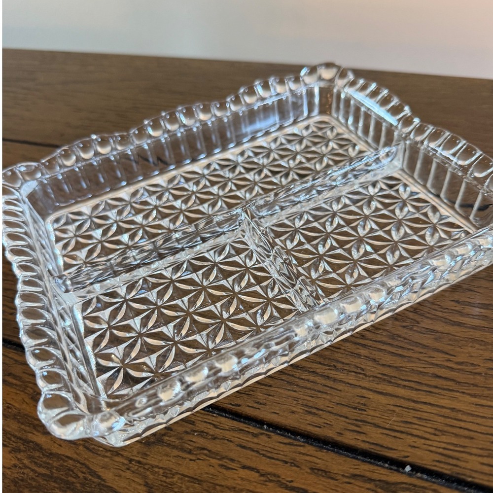 Vintage Clear Glass Divided Relish Dish Starburst Glass Tray